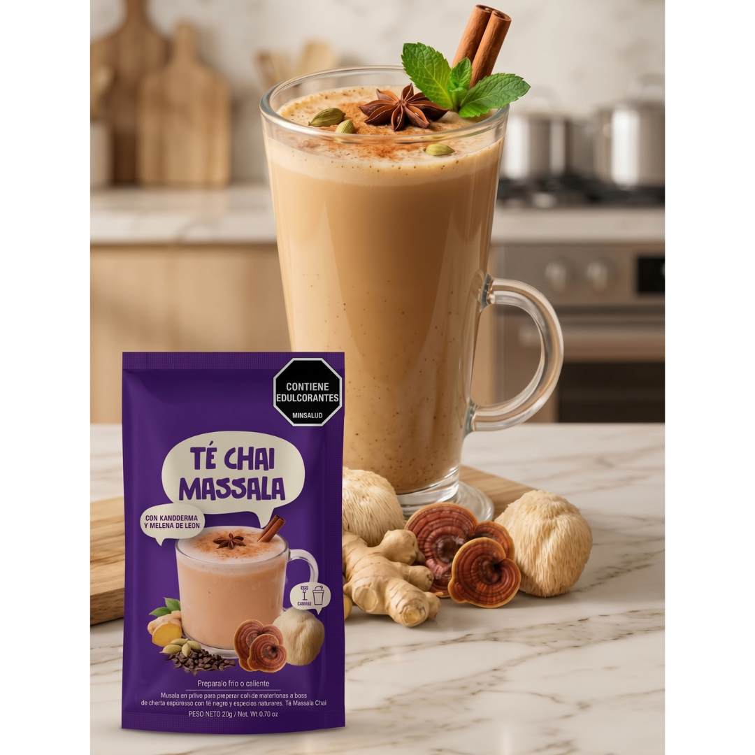 Bebida de té chai junto a un empaque morado de Té Chai Massala.