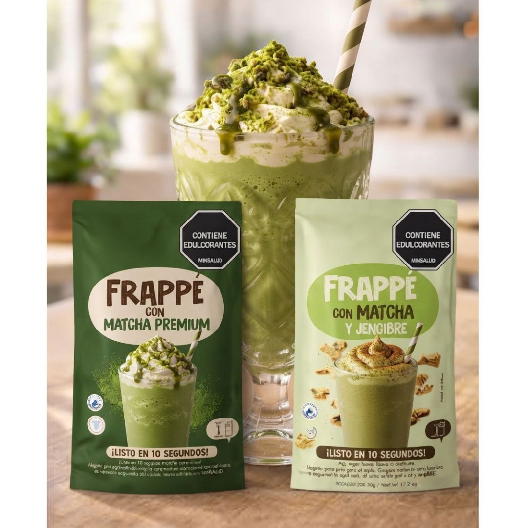 Bebida de matcha preparada junto a empaques de Matcha Premium y matcha con jengibre.